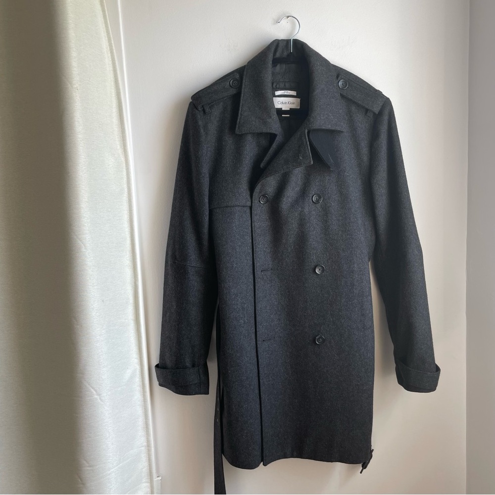Black Trench Coat-Slim Fit Wool-Blend with Belt-Calvin Klein-Size M